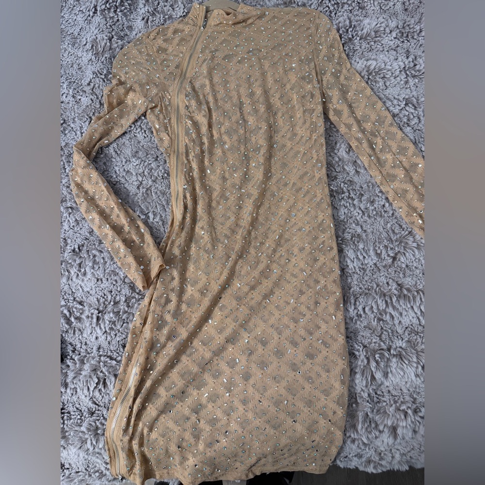 Embellished Long Sleeve Nude Bodycon Dress